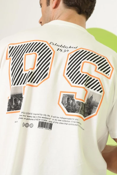 Erkek PS Baskılı Oversize T-Shirt Ekru - Resim 7