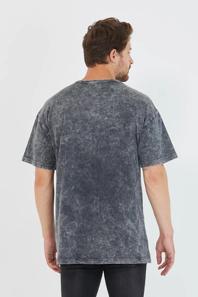 Erkek Parça Boya Baskılı Oversize Basic T-shirt  Antrasit - 8
