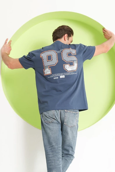 Erkek PS Baskılı Oversize T-Shirt Petrol - 7