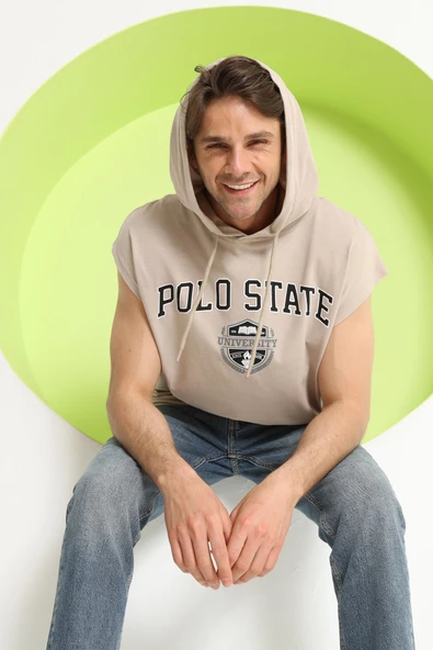 Erkek Sıfır Kol Kapüşonlu T-Shirt Bej - Resim 5