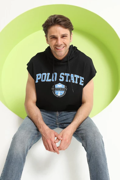 Erkek Sıfır Kol Kapüşonlu T-Shirt Siyah - Resim 3