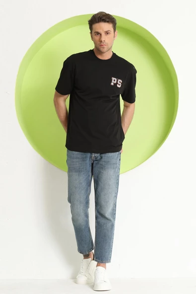 Erkek PS Baskılı Oversize T-Shirt Siyah - 6