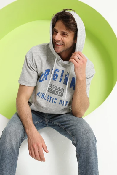 Baskılı Oversize Kapüşonlu Erkek T-Shirt Gri Melanj - Resim 6