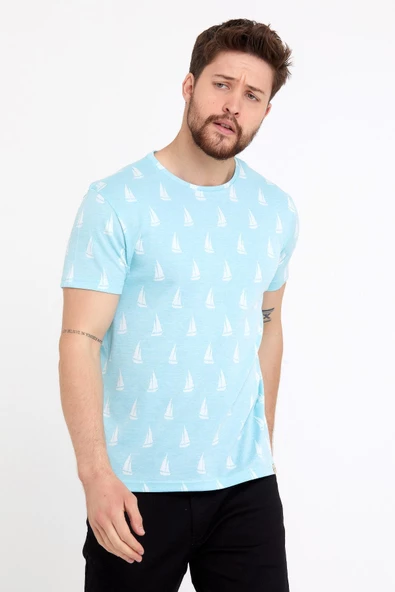 Erkek Jakarlı Basic T-shirt Mavi - Resim 10