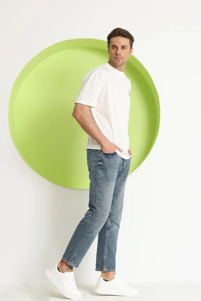 Erkek PS Baskılı Oversize T-Shirt Ekru - Resim 9