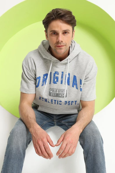 Baskılı Oversize Kapüşonlu Erkek T-Shirt Gri Melanj - Resim 9