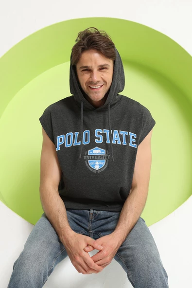 Erkek Sıfır Kol Kapüşonlu T-Shirt Antrasit - 5