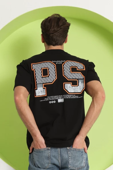 Erkek PS Baskılı Oversize T-Shirt Siyah - 9