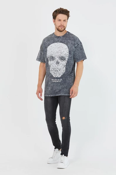 Erkek Parça Boya Baskılı Oversize Basic T-shirt  Antrasit - 2
