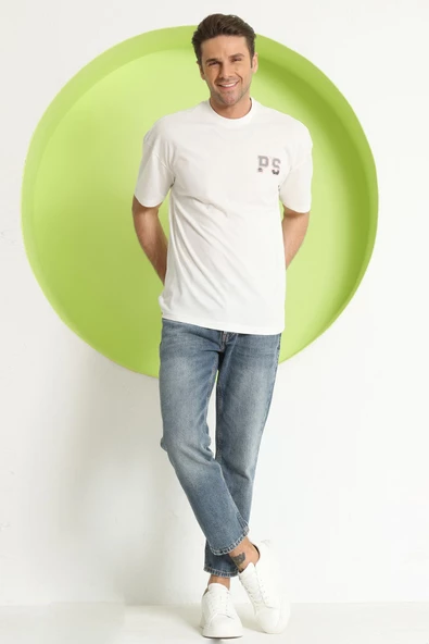 Erkek PS Baskılı Oversize T-Shirt Ekru - Resim 11