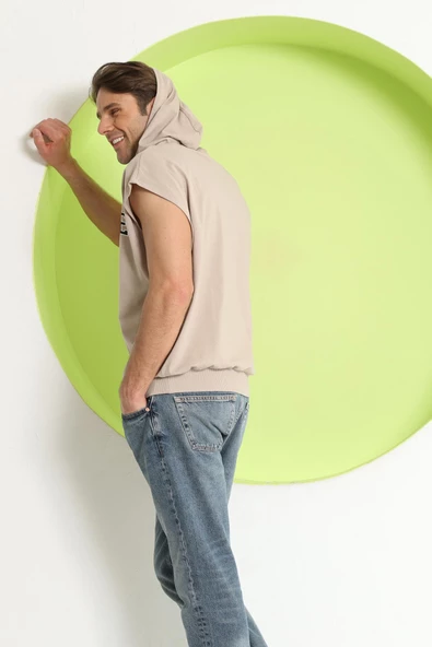 Erkek Sıfır Kol Kapüşonlu T-Shirt Bej - Resim 12