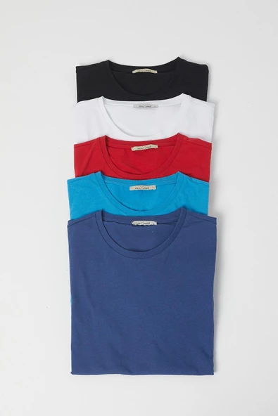 Erkek Siyah-Beyaz-Kırmızı-Mavi-İndigo 5'li Tişört Paketi ürün görseli 1