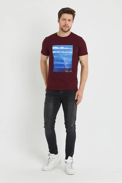 Erkek Baskılı T-shirt Bordo - Resim 10
