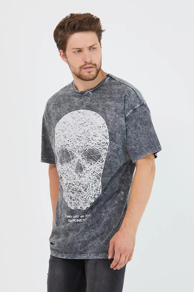 Erkek Parça Boya Baskılı Oversize Basic T-shirt  Antrasit - 11