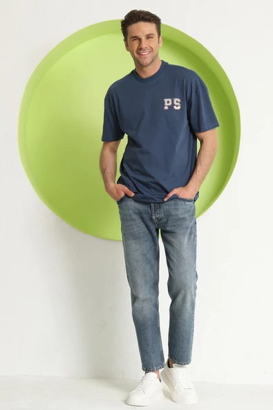 Erkek PS Baskılı Oversize T-Shirt Petrol - 2