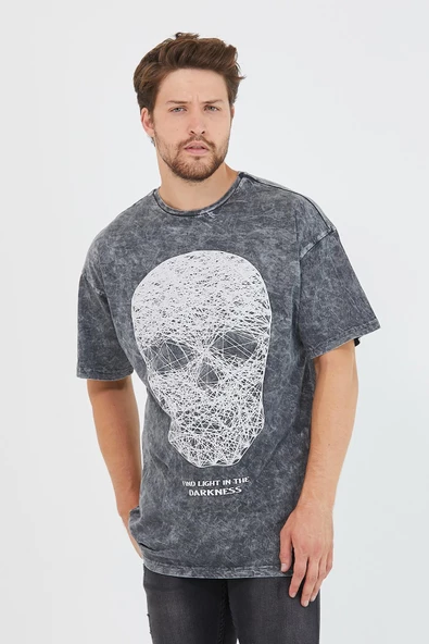 Erkek Parça Boya Baskılı Oversize Basic T-shirt  Antrasit - 9