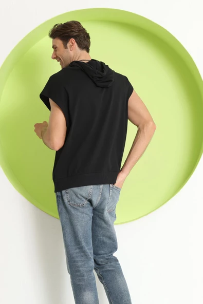 Erkek Sıfır Kol Kapüşonlu T-Shirt Siyah - Resim 4