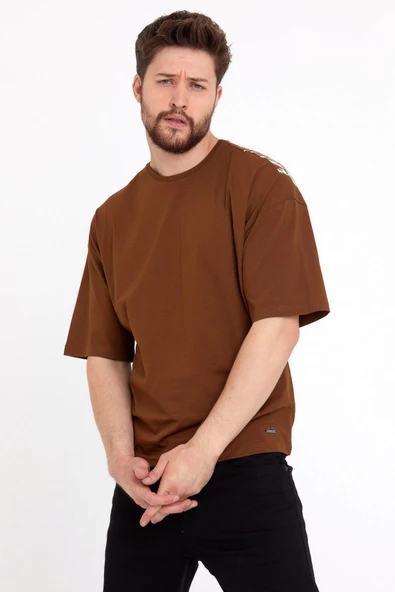 Erkek Oversize Baskılı T-shirt Taba - 11