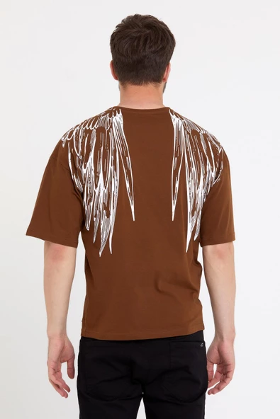 Erkek Oversize Baskılı T-shirt Taba - 4
