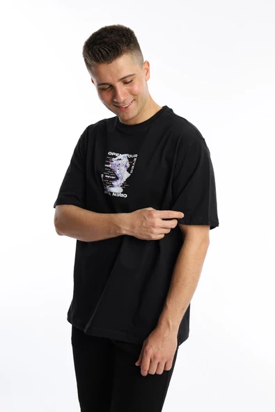 Erkek Oversize Fit Open Your Eyes Baskılı Tişört Siyah - 4