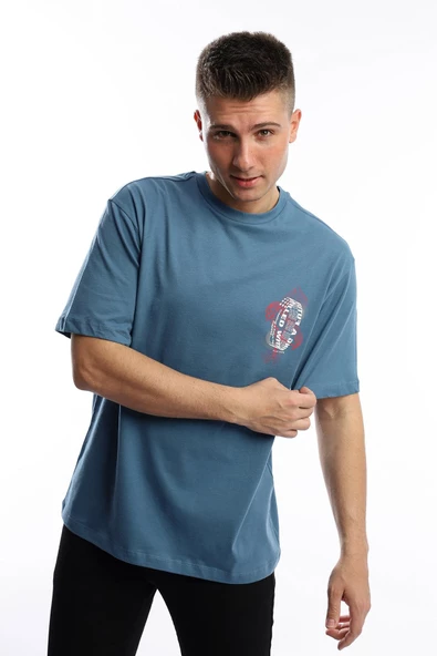 Erkek Oversize Fit Ön Arka Baskılı Basic Tişört İndigo - Resim 4