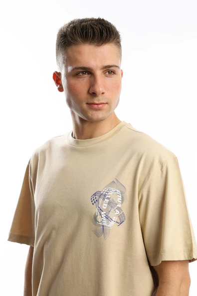 Erkek Oversize Fit Ön Arka Baskılı Basic Tişört Bej - 4