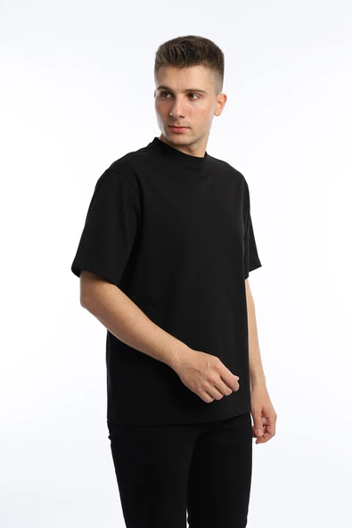 Erkek Oversize Fit Bisiklet Yaka Basic Tişört Siyah - 2