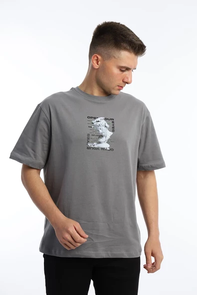 Erkek Oversize Fit Open Your Eyes Baskılı Tişört Gri - 2