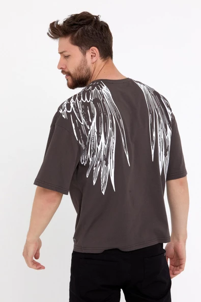 Erkek Oversize Baskılı T-shirt Kahverengi - 11