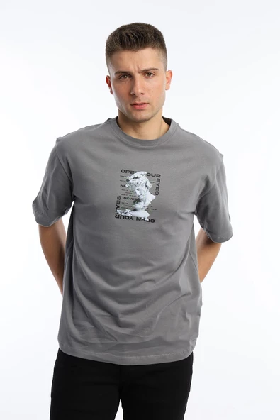 Erkek Oversize Fit Open Your Eyes Baskılı Tişört Gri - 4