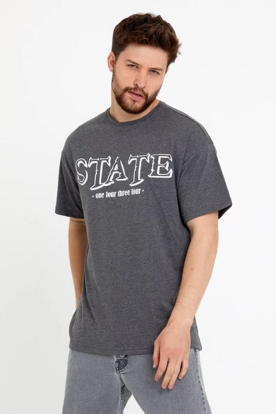 Erkek Oversize Baskılı T-shirt Antrasit - Resim 5
