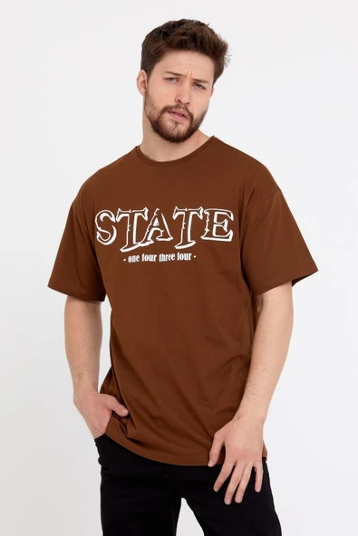Erkek Oversize Baskılı T-shirt Taba - Resim 7