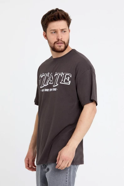 Erkek Oversize Baskılı T-shirt Kahverengi - 7