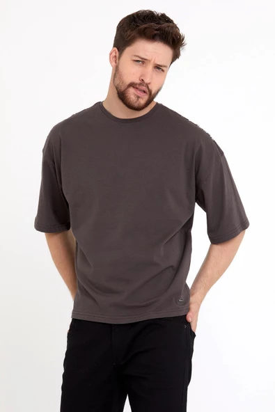 Erkek Oversize Baskılı T-shirt Kahverengi - 3