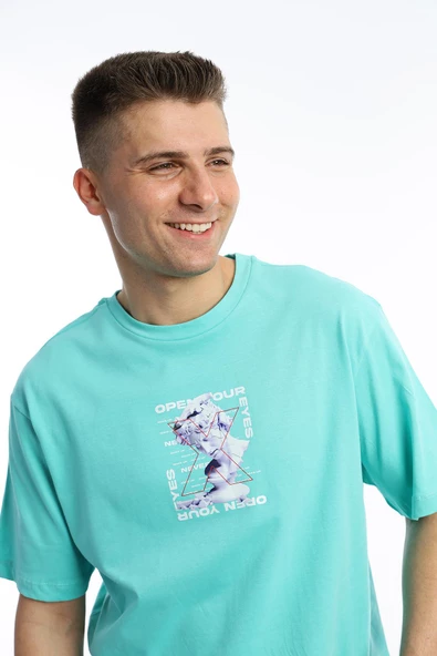 Erkek Oversize Fit Open Your Eyes Baskılı Tişört Turkuaz - Resim 3