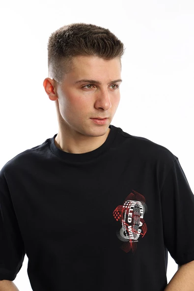 Erkek Oversize Fit Ön Arka Baskılı Basic Tişört Siyah - 5