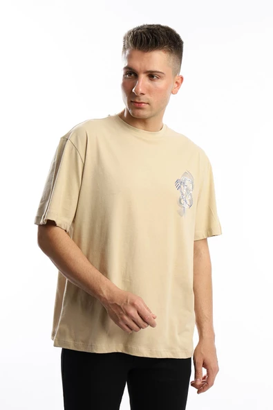 Erkek Oversize Fit Ön Arka Baskılı Basic Tişört Bej - 2