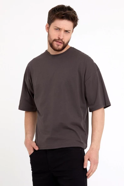 Erkek Oversize Baskılı T-shirt Kahverengi - 4