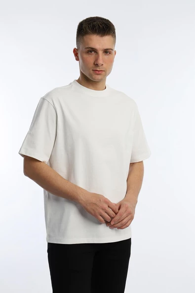 Erkek Oversize Fit Bisiklet Yaka Basic Tişört Beyaz - 3