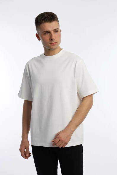 Erkek Oversize Fit Bisiklet Yaka Basic Tişört Beyaz - 2