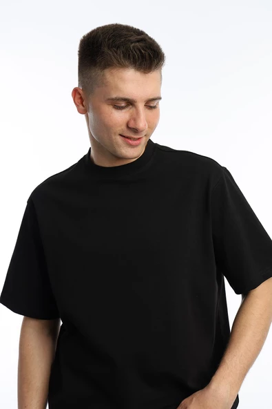 Erkek Oversize Fit Bisiklet Yaka Basic Tişört Siyah - 3