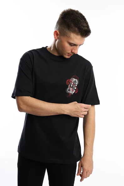 Erkek Oversize Fit Ön Arka Baskılı Basic Tişört Siyah - 2
