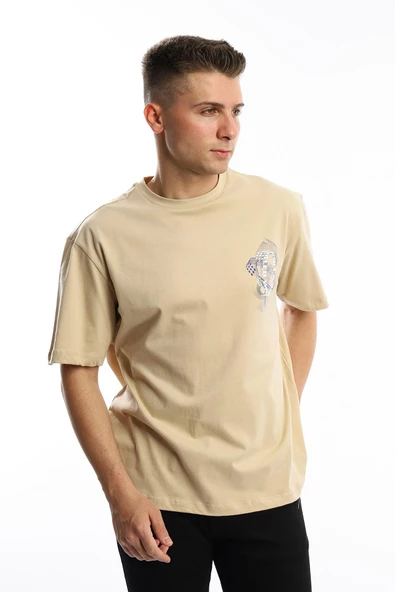 Erkek Oversize Fit Ön Arka Baskılı Basic Tişört Bej - 3