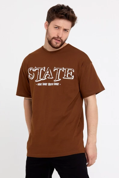 Erkek Oversize Baskılı T-shirt Taba - Resim 5