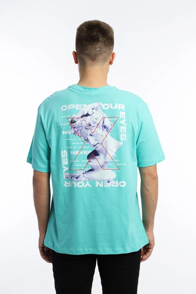 Erkek Oversize Fit Open Your Eyes Baskılı Tişört Turkuaz - Resim 4