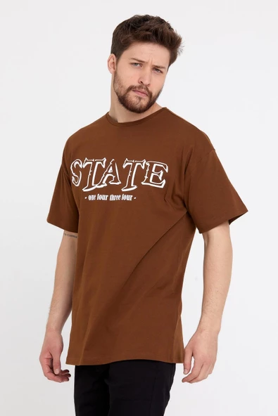 Erkek Oversize Baskılı T-shirt Taba - Resim 6