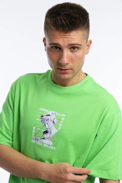 Erkek Oversize Fit Open Your Eyes Baskılı Tişört Yeşil - 4