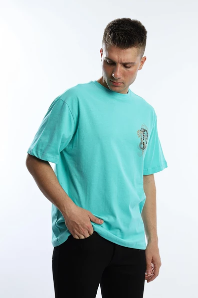 Erkek Oversize Fit Ön Arka Baskılı Basic Tişört Turkuaz - 3