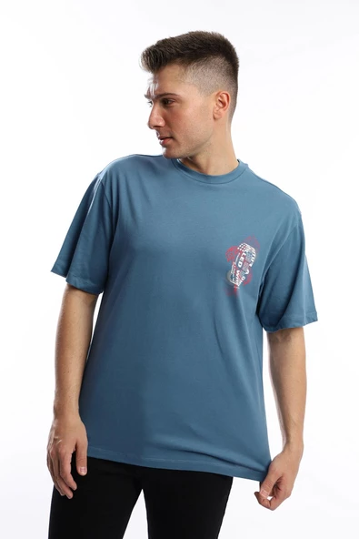 Erkek Oversize Fit Ön Arka Baskılı Basic Tişört İndigo - Resim 2
