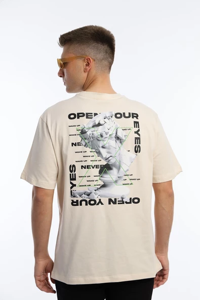 Erkek Oversize Fit Open Your Eyes Baskılı Tişört Ekru - 4